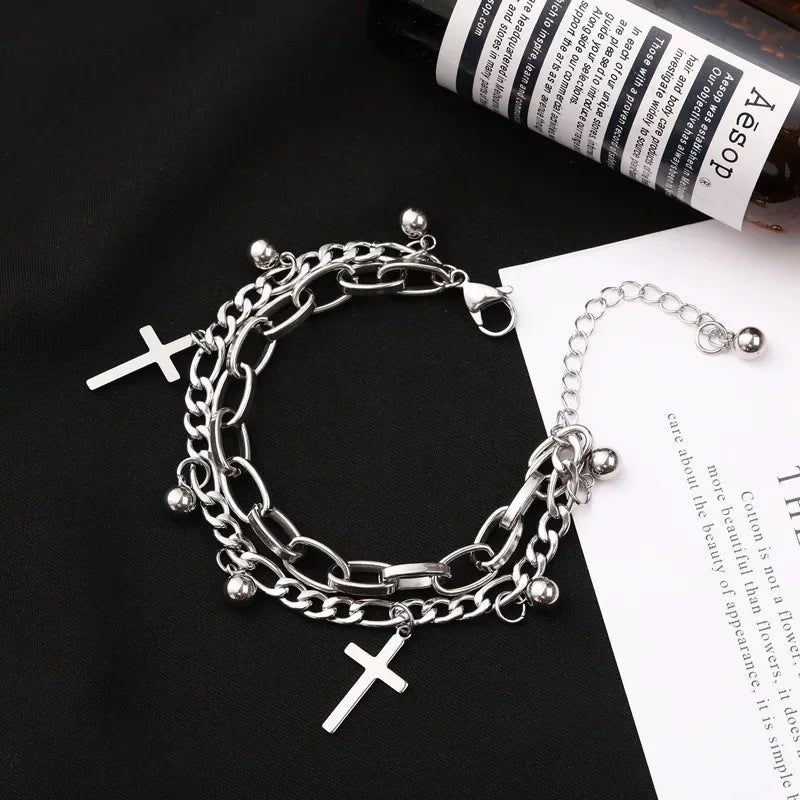Gothic Hip Hop Metal Cross Pendant Charm Bracelet