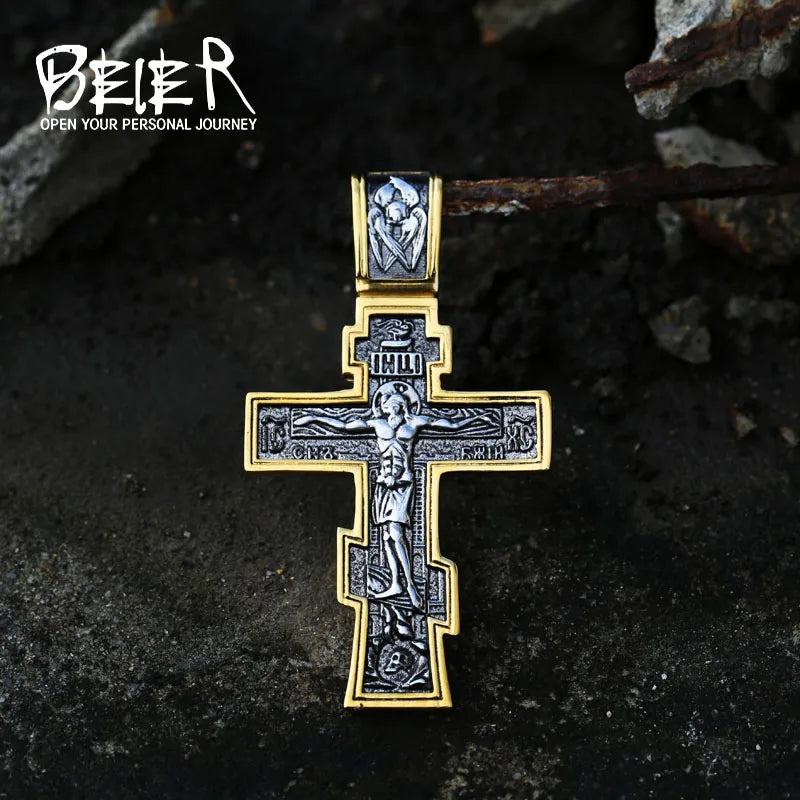 Jesus Cross Men's Stainless Steel Crucifix Necklace – Eastern Orthodox Pendant Jewelry (BP8-515)