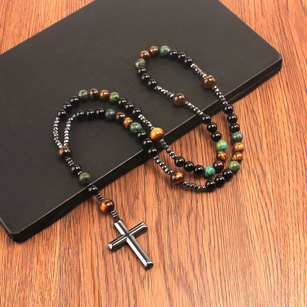 Natural Stone Rosary Necklace – Africa Turquoise & Tiger Eye Beads with Cross Pendant - Image 4