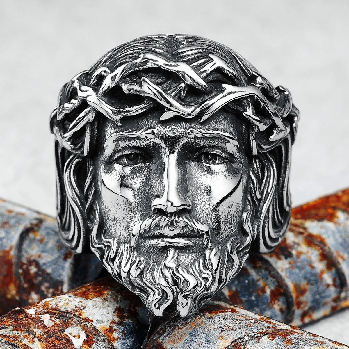 316L Stainless Steel Jesus Face Ring – Christian Men's Punk Rock Jewelry - Image 2