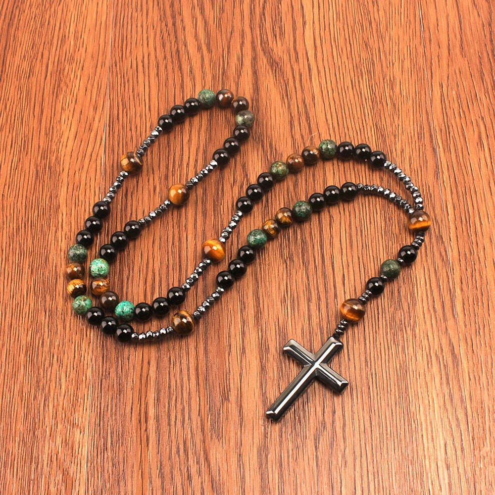 Natural Stone Turquoise & Tiger-Eye Rosary Necklace