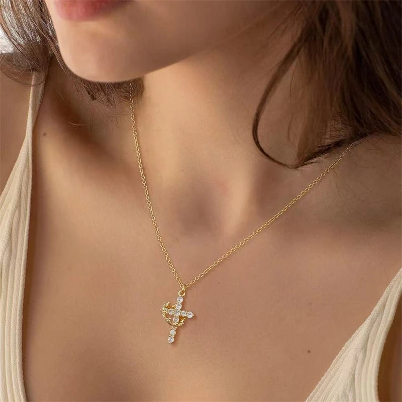 Luxury Rotatable Crown Zircon Cross Choker Necklace & Earrings Set – Christian Jewelry for Women - Image 3