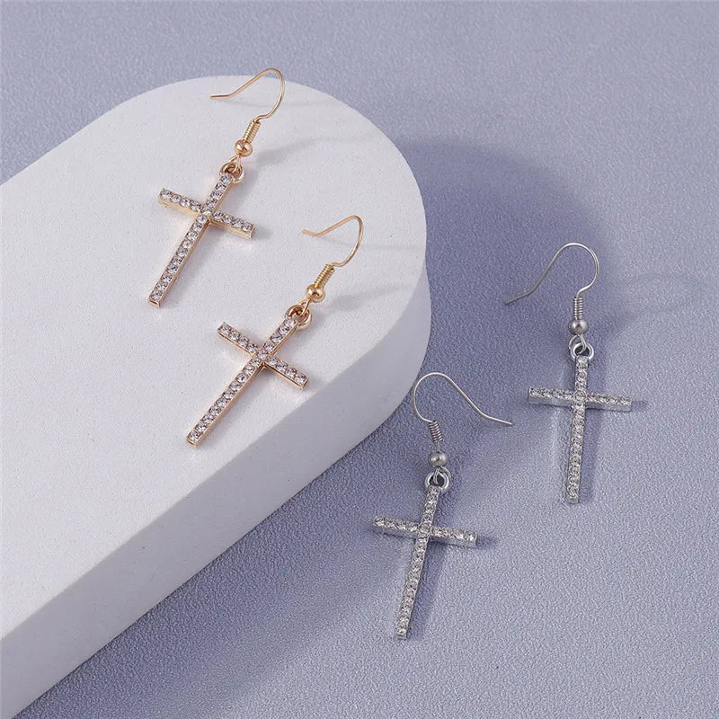 Fashion Zircon Crystal Cross Earrings – Gothic Punk Crucifix Dangle Jewelry for Men & Women - Image 4