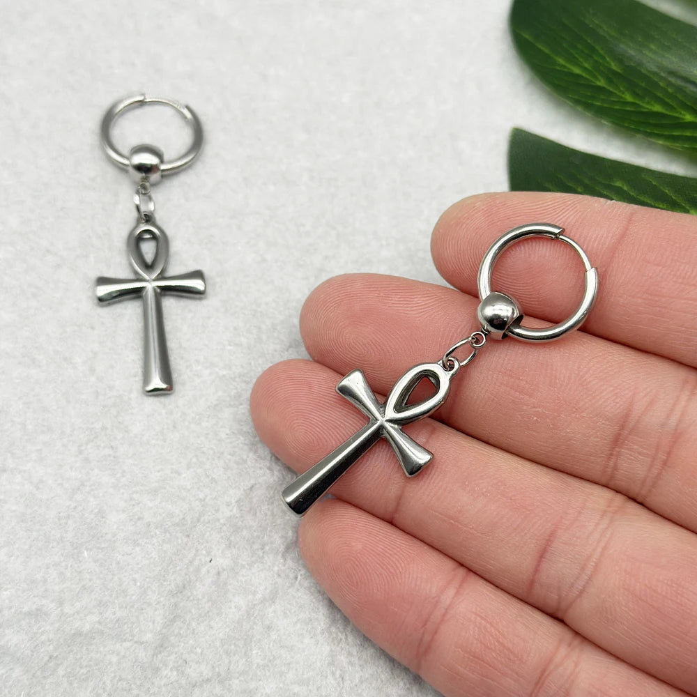 Egyptian Ankh Cross Drop Earrings – Key of Life Stainless Steel Hoops for Men & Women - Image 6