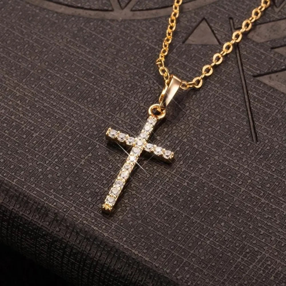 Cross Pendant Rhinestone Inlay Adjustable Necklace