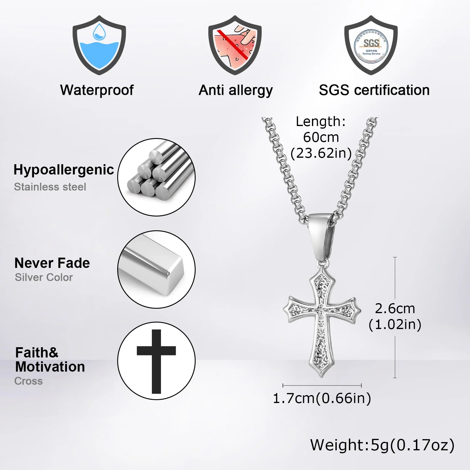 Cross Pendant Necklace for Men & Boys – Stainless Steel Christian Jewelry (50/55/60cm) - Image 4