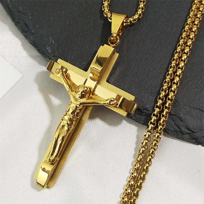 Jesus Cross Crucifix Pendant Necklace – Gold Stainless Steel Christian Jewelry for Men - Image 12