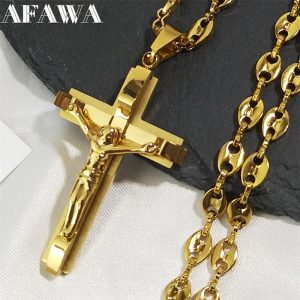 Jesus Cross Crucifix Pendant Necklace – Gold Stainless Steel Christian Jewelry for Men