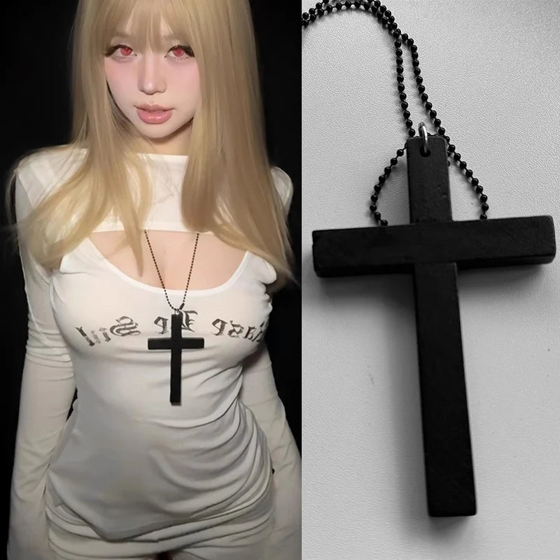 New Gothic Cool Y2K Wood Cross Pendants Necklaces Unisex Black White Red Hip Hop Charm Chain Choker Necklace Fashion Jewelry - Image 2