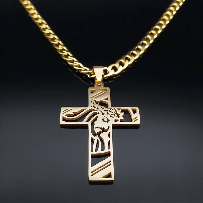 Crown of Thorns Jesus Cross Necklace – Gold-Plated Hip Hop Punk Crucifix Pendant for Men - Image 4