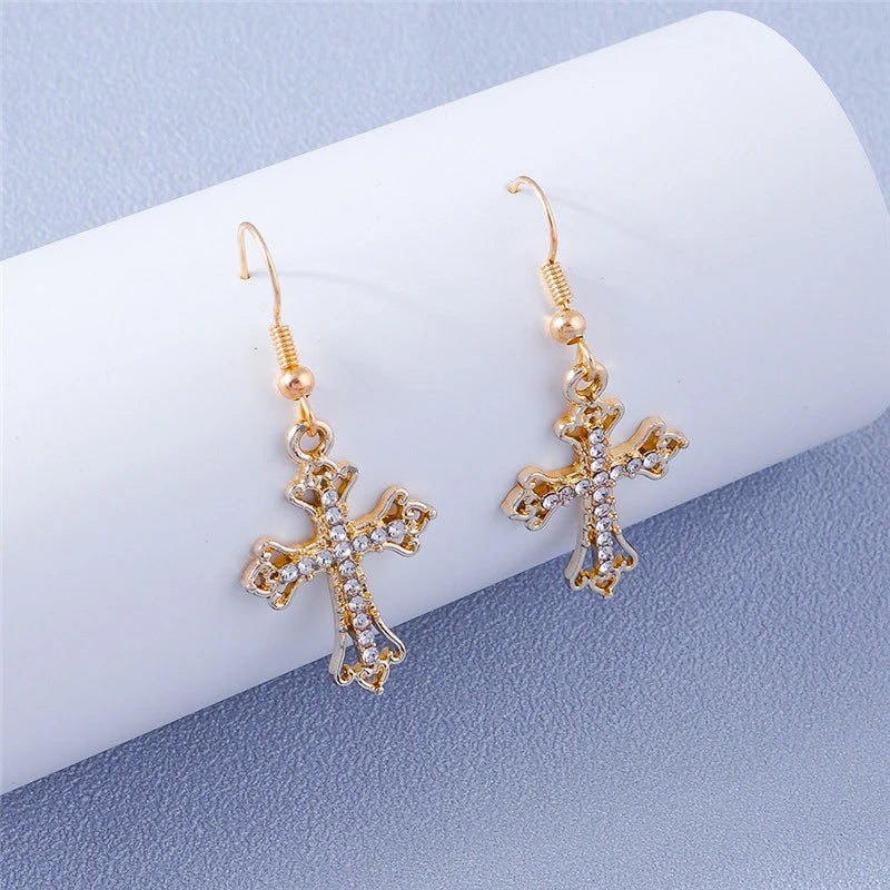 Fashion Zircon Crystal Cross Earrings – Gothic Punk Crucifix Dangle Jewelry for Men & Women - Image 25