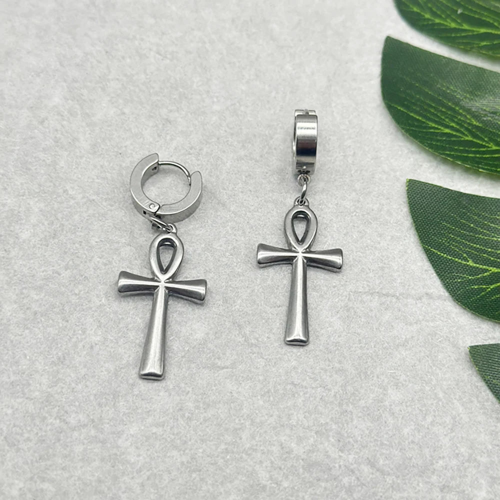 Egyptian Ankh Cross Drop Hoop Earrings - Image 3