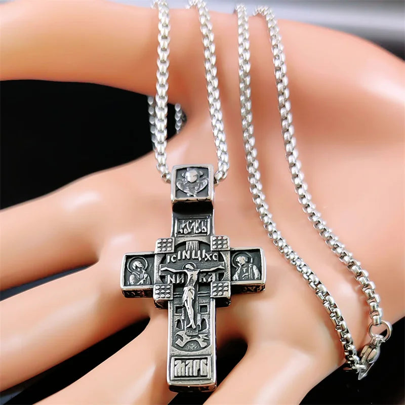 Men's Russian Eastern Orthodox Jesus Cross Pendant Necklace – Stainless Steel Crucifix Baptism Prayer Jewelry - Image 4