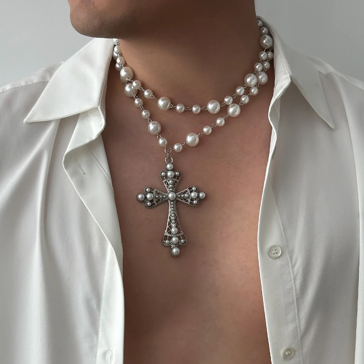 IngeSight.Z Elegant Pearl Choker & Jesus Cross Necklace - Image 2