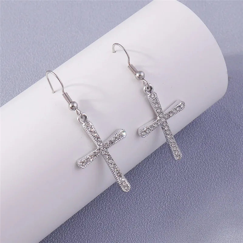 Fashion Zircon Crystal Cross Earrings – Gothic Punk Crucifix Dangle Jewelry for Men & Women - Image 22