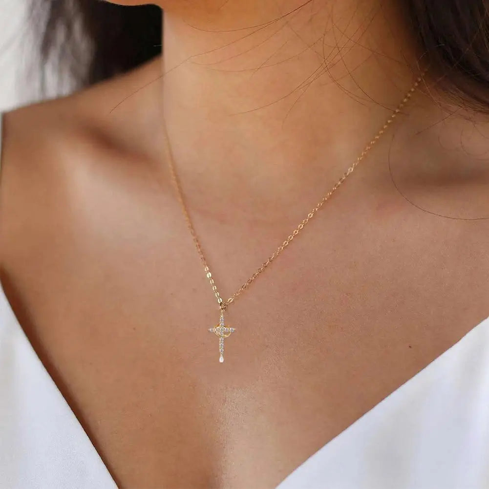14K Gold Plated Cross & Crown Rotatable Necklace – Cubic Zirconia Pendant Jewelry for Women - Image 2