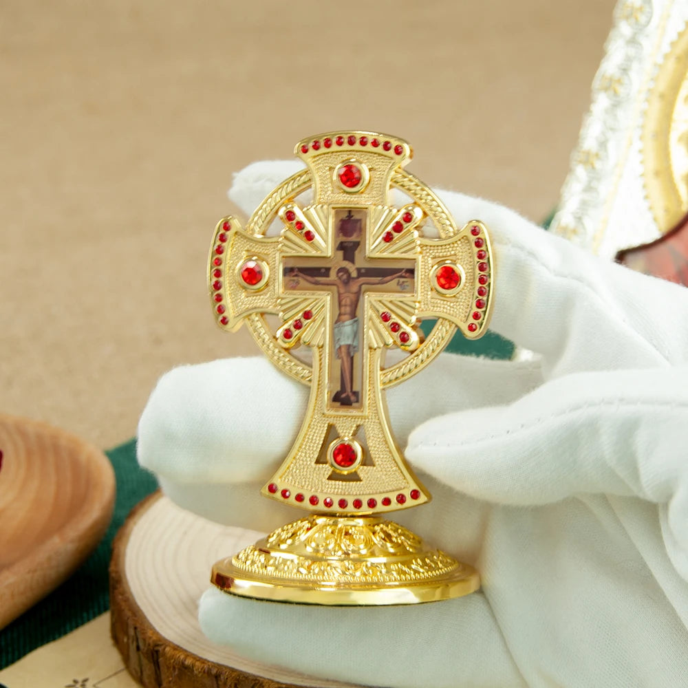 HT Religious Orthodox Crucifix Cross – Jesus Icon Metal Statue with Red Gemstones for Church, Home, or Car Decor - Image 5