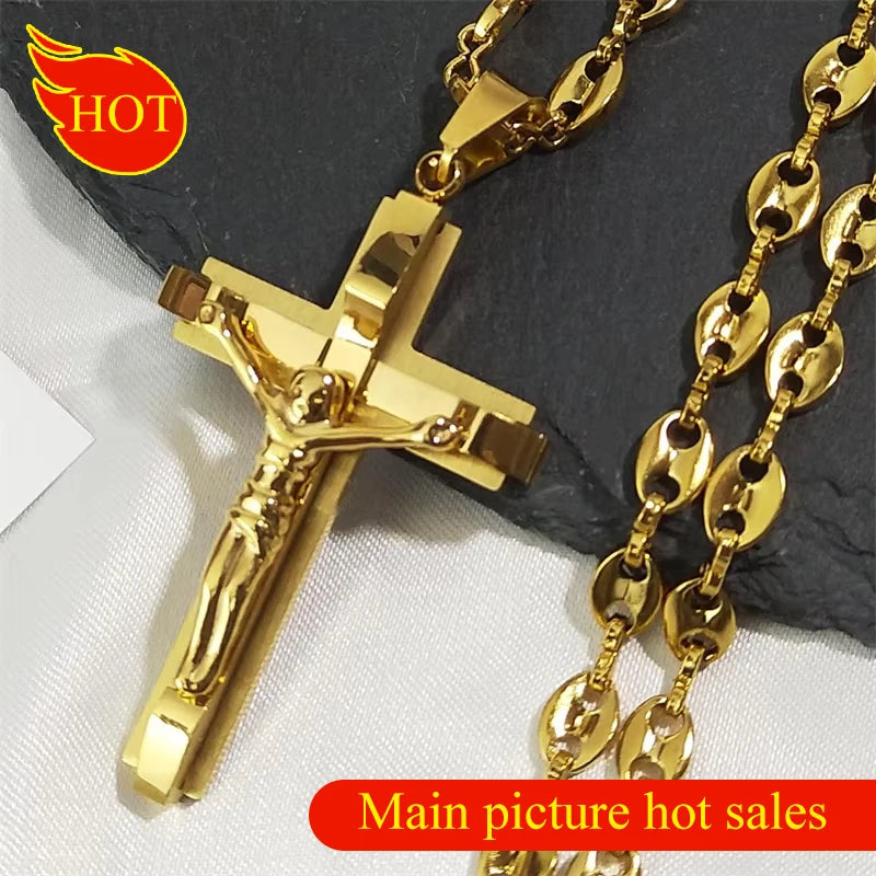 Jesus Cross Crucifix Pendant Necklace – Gold Stainless Steel Christian Jewelry for Men - Image 13