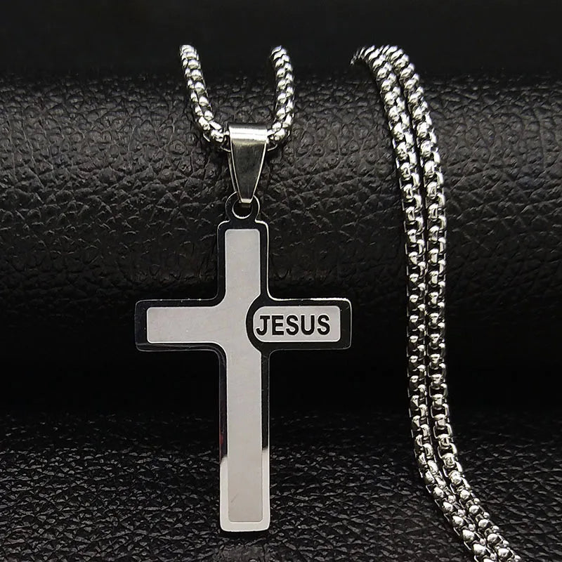 HNSP Stainless Steel Jesus Cross Pendant Necklace – Catholic Crucifix Chain for Men & Women